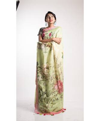 Yellow Printed Linen Saree With Blouse 1