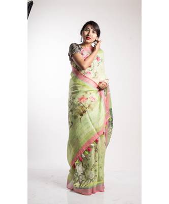 Yellow Printed Linen Saree With Blouse 2