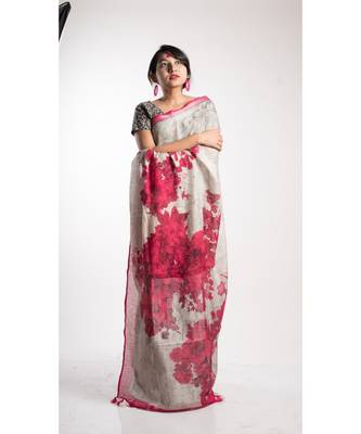 Grey Printed Linen Saree With Blouse 1