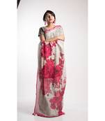 Grey Printed Linen Saree With Blouse