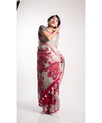 Grey Printed Linen Saree With Blouse 2