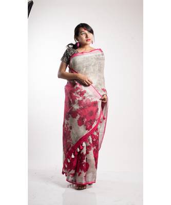Grey Printed Linen Saree With Blouse 3