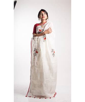 White Embroidery Linen Saree With Blouse 1