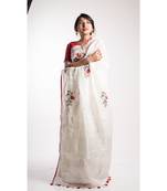 White Embroidery Linen Saree With Blouse