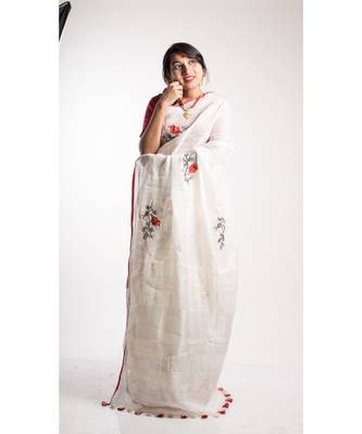 White Embroidery Linen Saree With Blouse 2