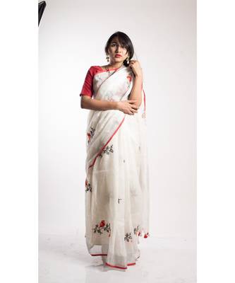 White Embroidery Linen Saree With Blouse 3