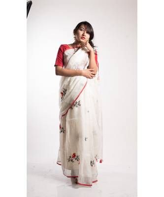 White Embroidery Linen Saree With Blouse 4