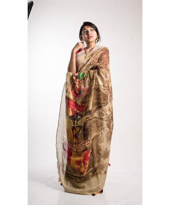 Brown Printed Linen Saree With Blouse 1