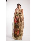 Brown Printed Linen Saree With Blouse