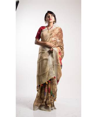 Brown Printed Linen Saree With Blouse 2
