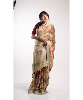 Brown Printed Linen Saree With Blouse 3