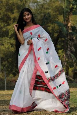 white hand woven cotton saree with blouse 1