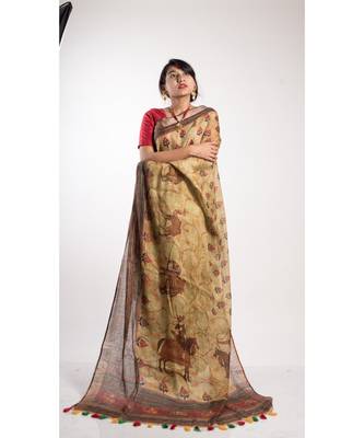 Beige Printed Linen Saree With Blouse 1