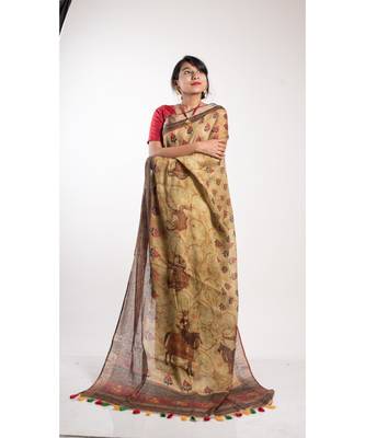 Beige Printed Linen Saree With Blouse 2
