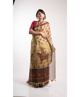 Beige Printed Linen Saree With Blouse 3