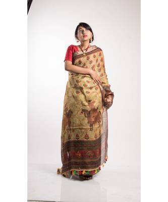 Beige Printed Linen Saree With Blouse 4