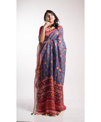 Blue Printed Linen Saree With Blouse 1