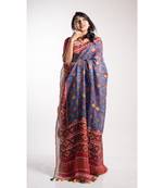 Blue Printed Linen Saree With Blouse
