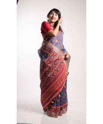 Blue Printed Linen Saree With Blouse 2