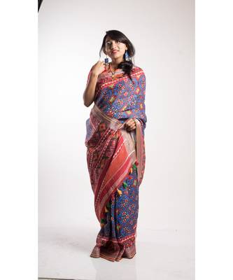 Blue Printed Linen Saree With Blouse 3