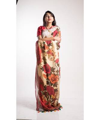 Multicolor Printed Linen Saree With Blouse 1