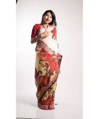 Multicolor Printed Linen Saree With Blouse 2