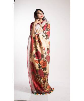 Multicolor Printed Linen Saree With Blouse 3