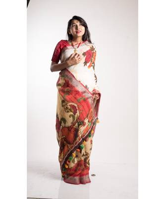 Multicolor Printed Linen Saree With Blouse 4