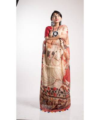 Multicolor Printed Linen Saree With Blouse 1
