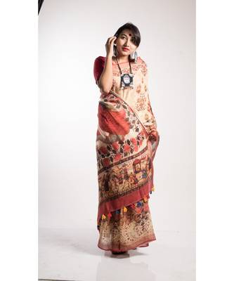 Multicolor Printed Linen Saree With Blouse 2