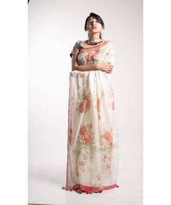 White Printed Linen Saree With Blouse 1