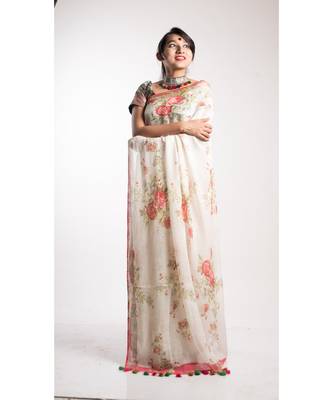 White Printed Linen Saree With Blouse 2