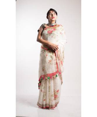 White Printed Linen Saree With Blouse 3