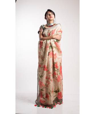 Multicolor Printed Linen Saree With Blouse 1