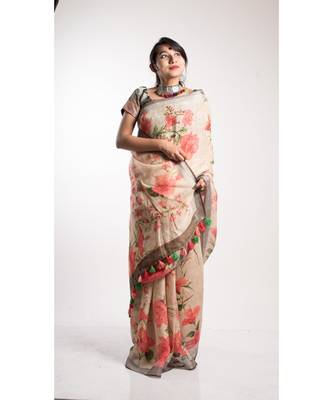 Multicolor Printed Linen Saree With Blouse 2