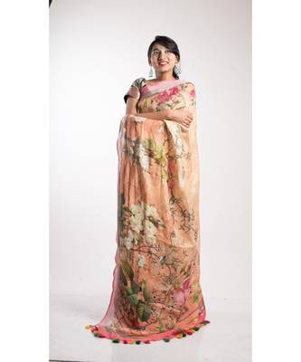 Orange Printed Linen Saree With Blouse 1