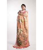 Orange Printed Linen Saree With Blouse