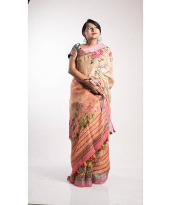 Orange Printed Linen Saree With Blouse 2
