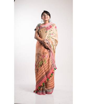 Orange Printed Linen Saree With Blouse 3