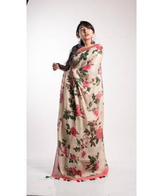 Cream Printed Linen Saree With Blouse 1
