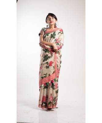 Cream Printed Linen Saree With Blouse 2