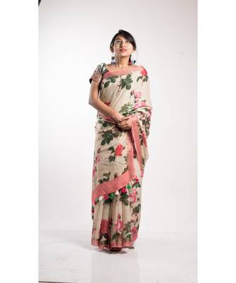 Cream Printed Linen Saree With Blouse 3