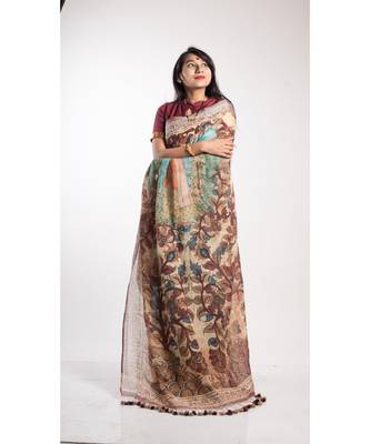 Multicolor Printed Linen Saree With Blouse 1