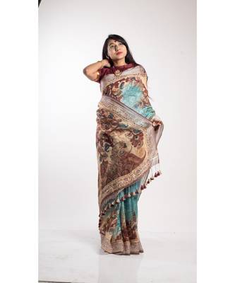 Multicolor Printed Linen Saree With Blouse 2