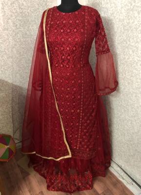 Red Embroidered Net Sharara Suit Semi Stitched 2