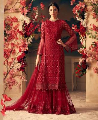 Red Embroidered Net Sharara Suit Semi Stitched 1