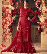 Red Embroidered Net Sharara Suit Semi Stitched