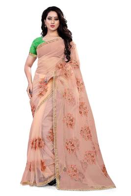 light orange Net Embroidery Work Saree With Blouse 1