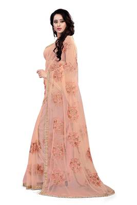 light orange Net Embroidery Work Saree With Blouse 3