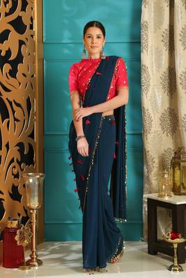Blue embroidered georgette saree with blouse 1